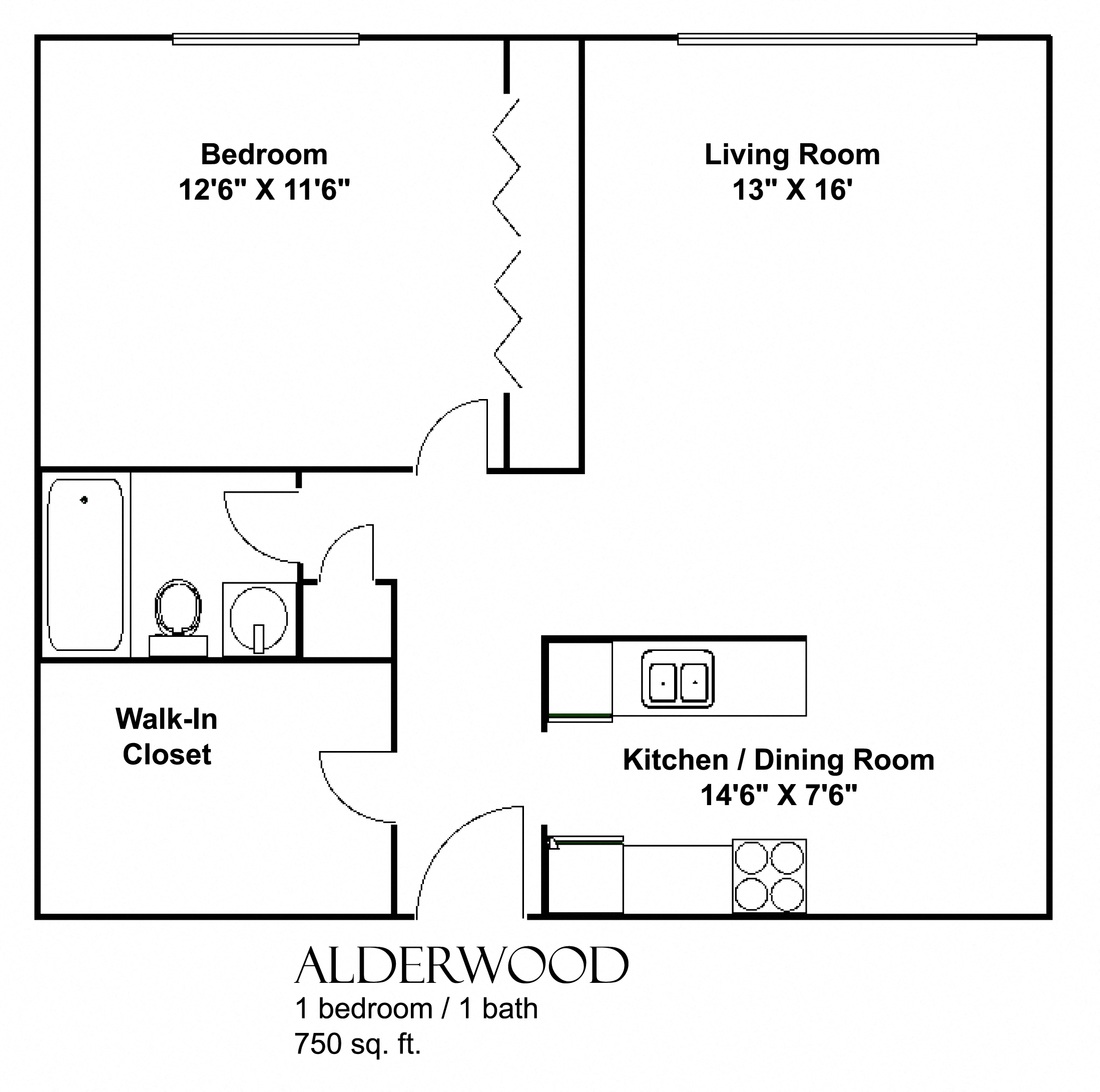 Floor plan for 1 bed, 1 bath, 750 sqft